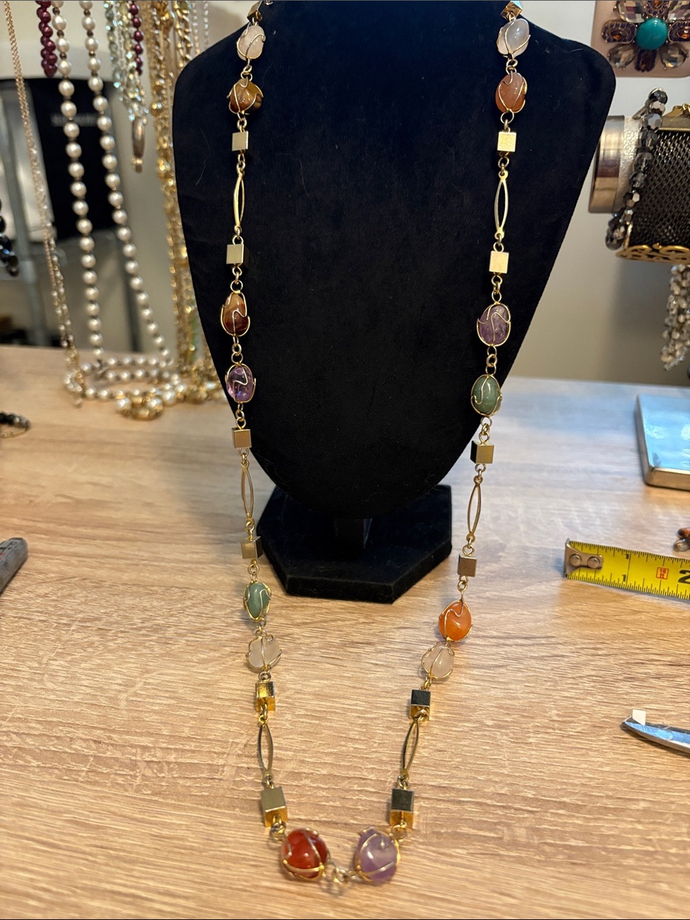 Vintage Wire Wrapped Semi Precious Linked Necklace gold tone